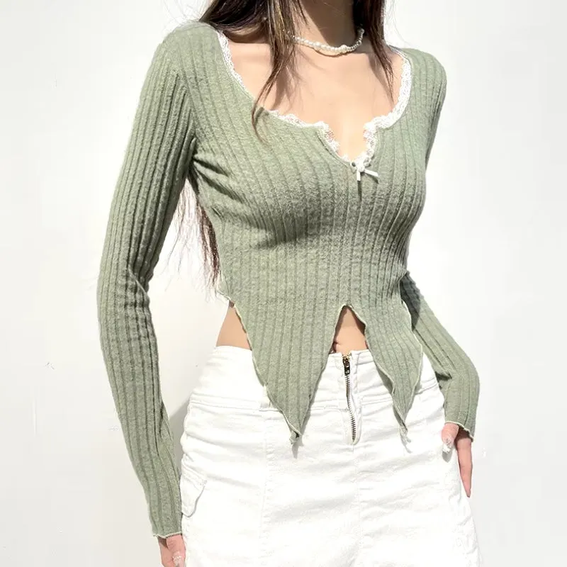 Maxct &Lace Trim Slit Plush Top