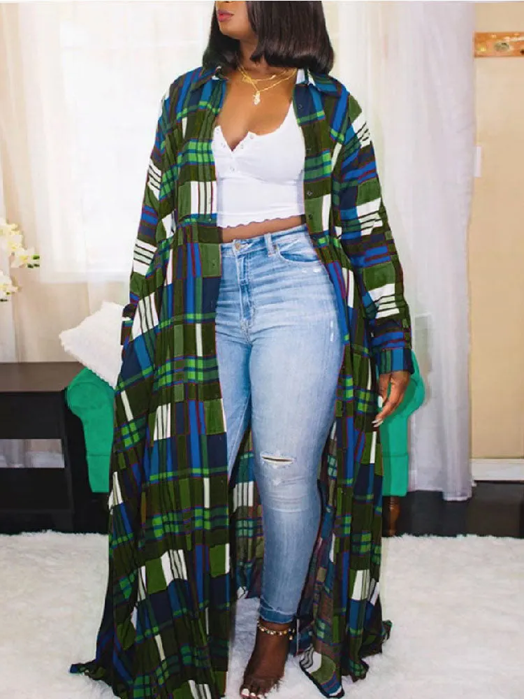 Plaid Print Shirt Collar Maxi Dress Maxct