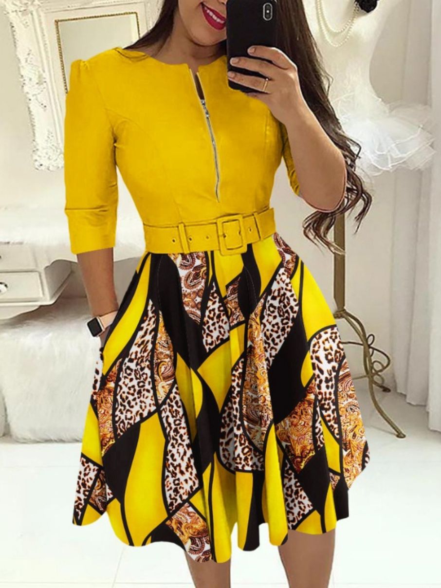Women's Printed Belted Fit-and-Flare Dress