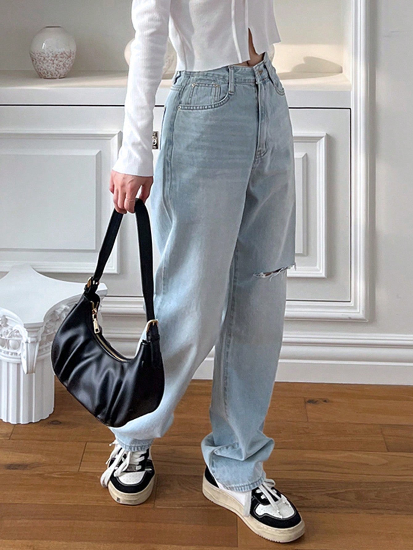 Maxct Ladies Solid Color Simple Style Denim Pants Trousers