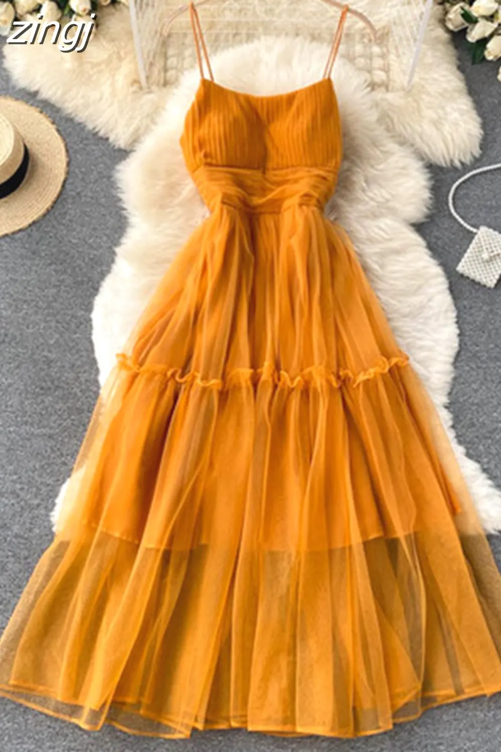 Maxct Women Sexy Mesh Spaghetti Strap Long Dress Summer Orange/Purple/Blue/Pink Ruffle A-Line Beach Robe Female Elegant Party Vestidos