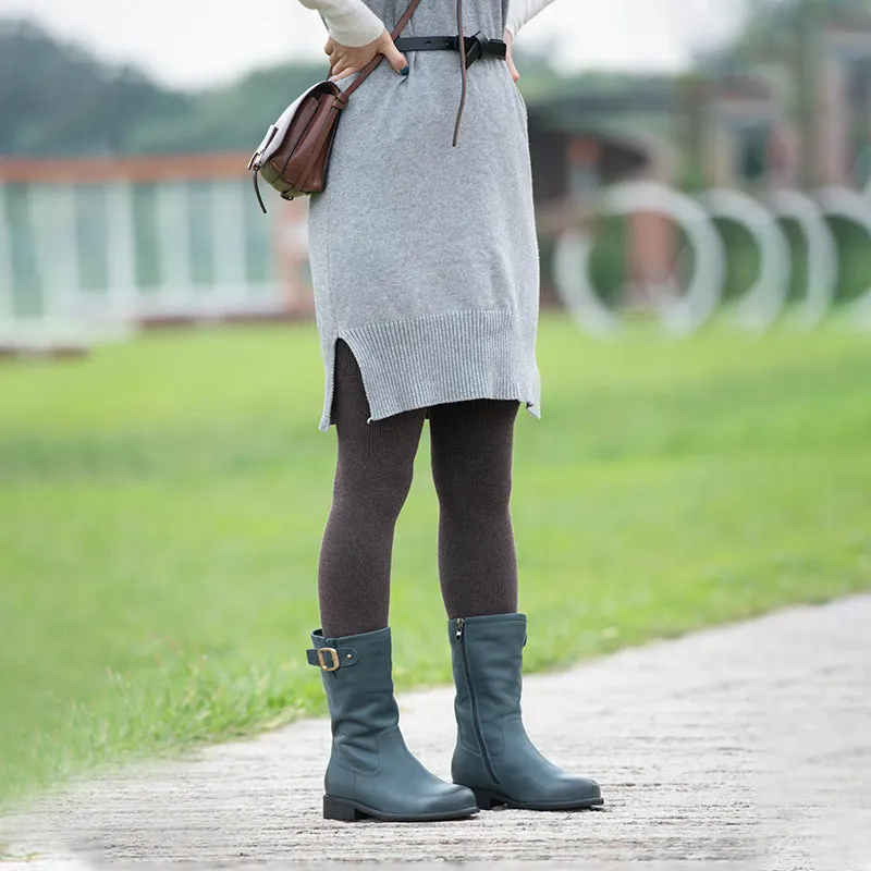 Womens Retro Mid Calf Boots with Short Plush Lining for Cold Winter Black/Blue Maxct