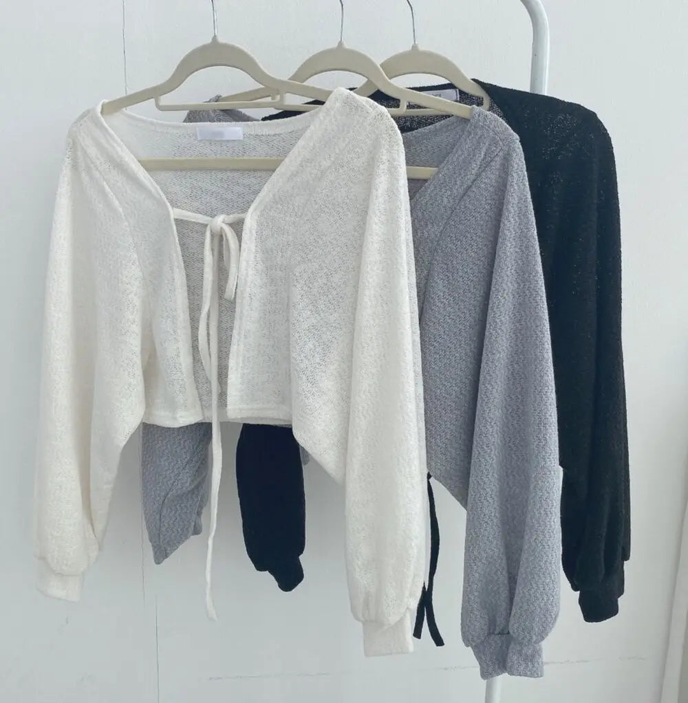 Maxct Thin White Cardigan Bandage Lantern Sleeve Short Coat Pull Femme Knitwear Top Girl Cardigan Korean Style Casual T Shirt