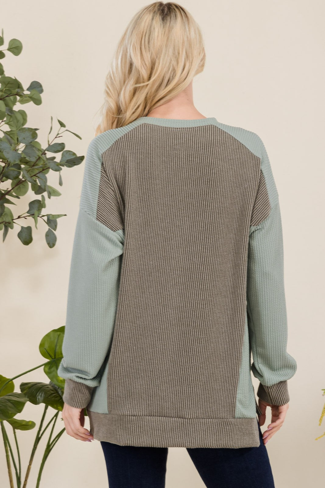 Maxct &Celeste Full Size High-Low Contrast Round Neck Sweatshirt - Image 2
