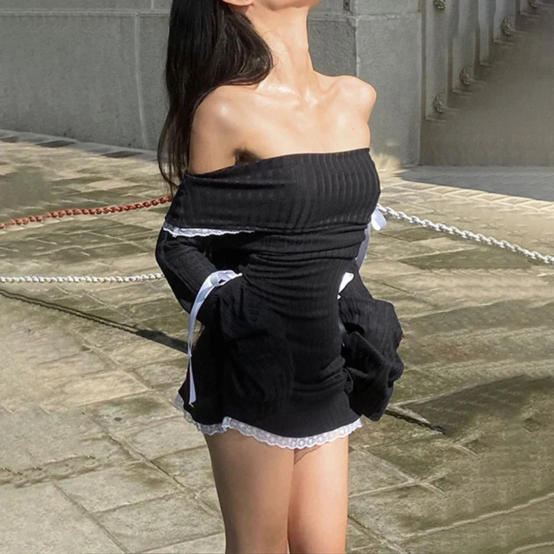 Maxct-Strapless Sexy Black Dress Women Autumn Off Shoulder Long Sleeves Lace Knitting Bandage Mini Dresses Slim Elegant Club Partywear