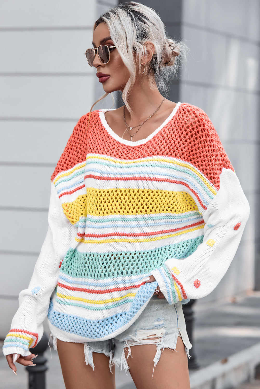 Maxct &Hollow Striped Color Block Round Neck Sweater