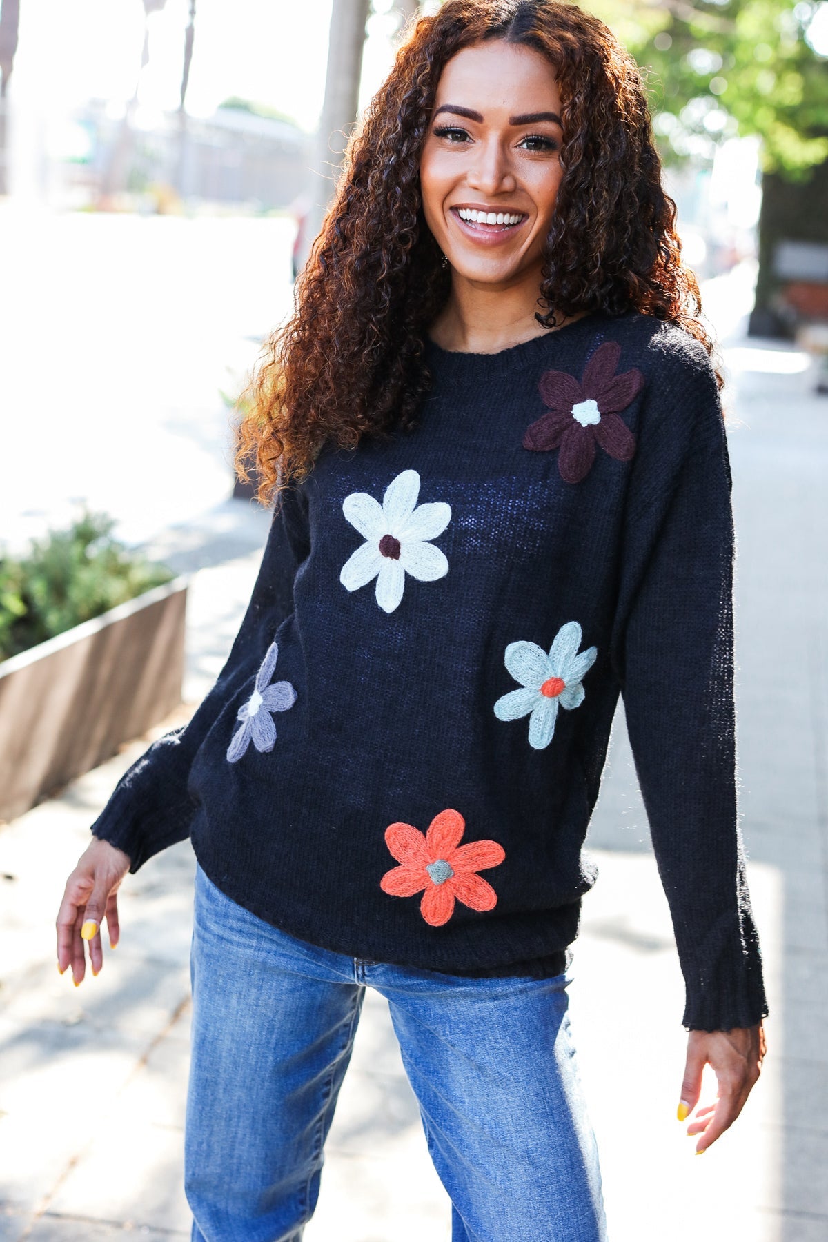 Maxct &Eyes On You Black Flower Patch Oversized Knit Sweater