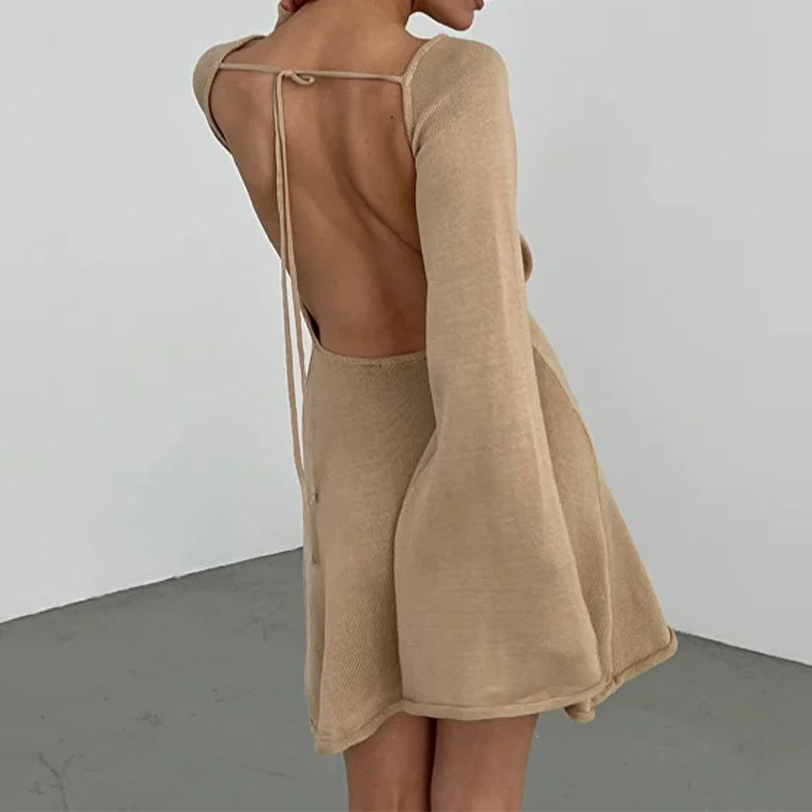 Maxct Women Knitted Dress Casual Solid Color Backless Long Sleeve Mini Party Dress for Beach Cocktail Club Streetwear