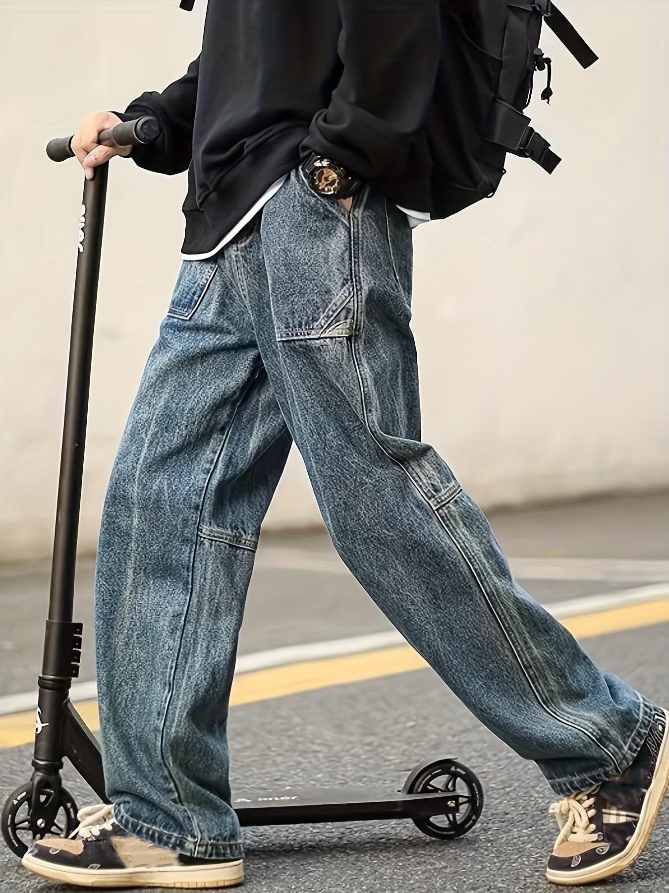 Maxct  Wide Leg Cotton Jeans, Men's Casual Street Style Patchwork Denim Pants For Spring Summer