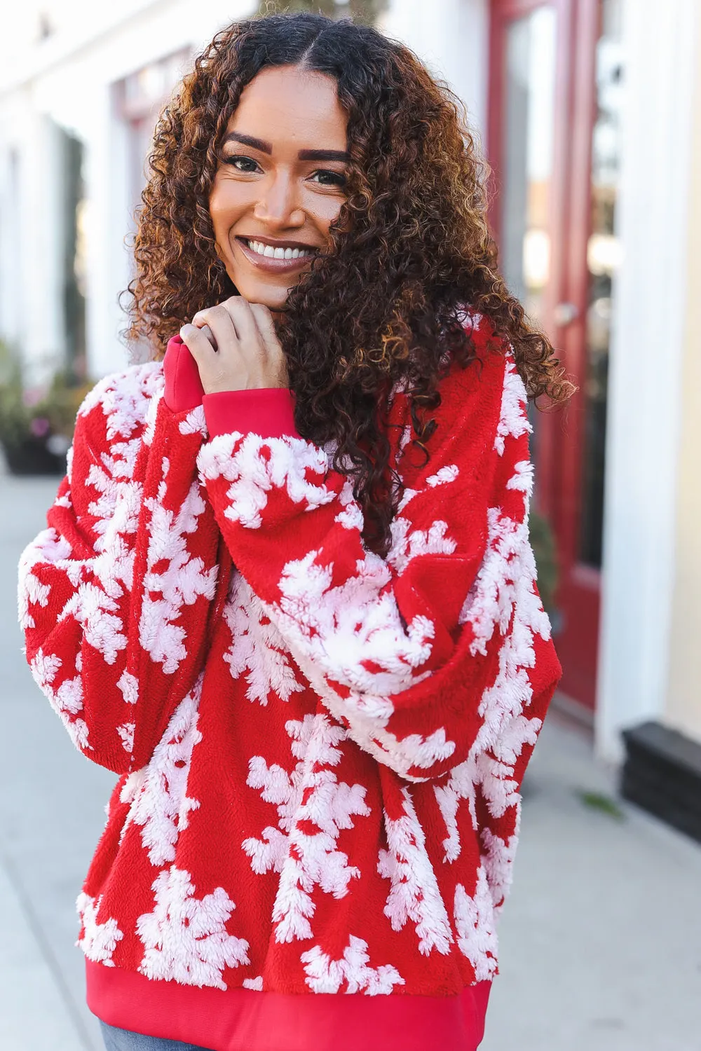 Maxct &Season Greetings Red Puffy Snowflake Sherpa Pullover