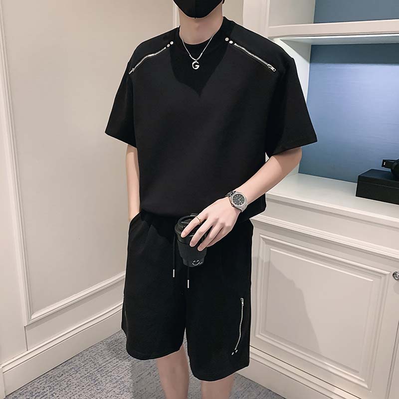 Maxct Zip Trim Short Sleeves Shorts Casual Two-Piece Suits