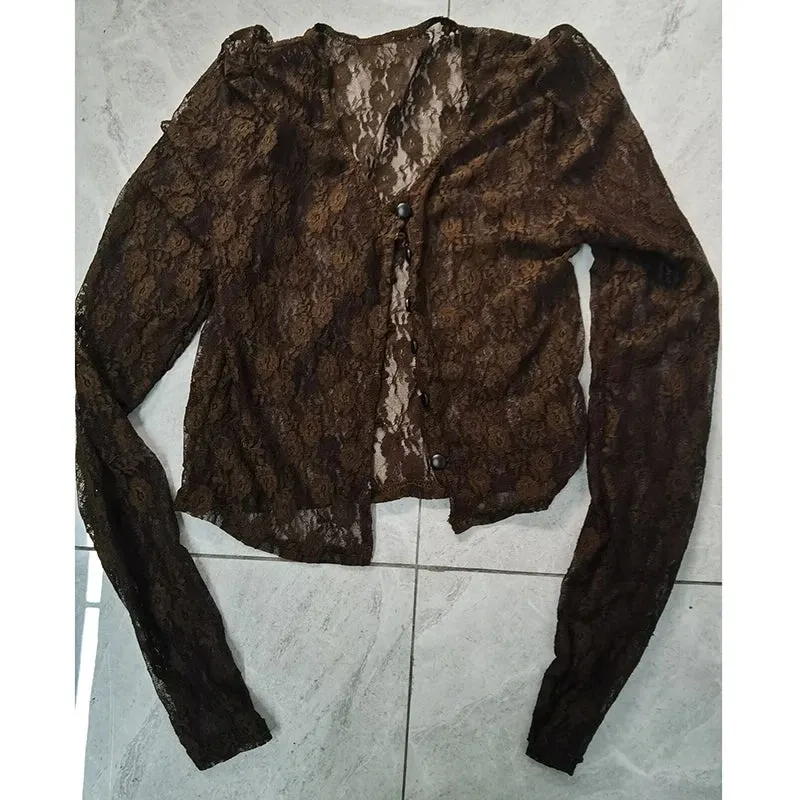 Maxct 90s Vintage Button Up Long Sleeve Crop Top Floral Lace Transparent T-shirt Korean Harajuku Slim Fit Tees Y2K Women Streetwear