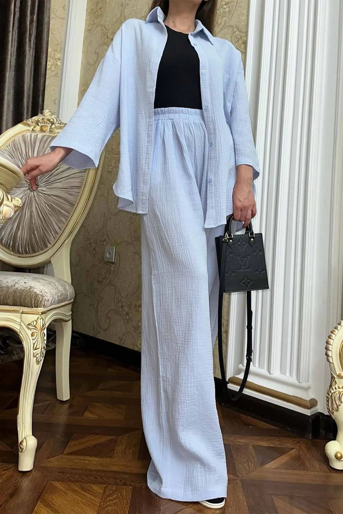 Maxct Button Belt Wide Leg Pants Two-piece Set