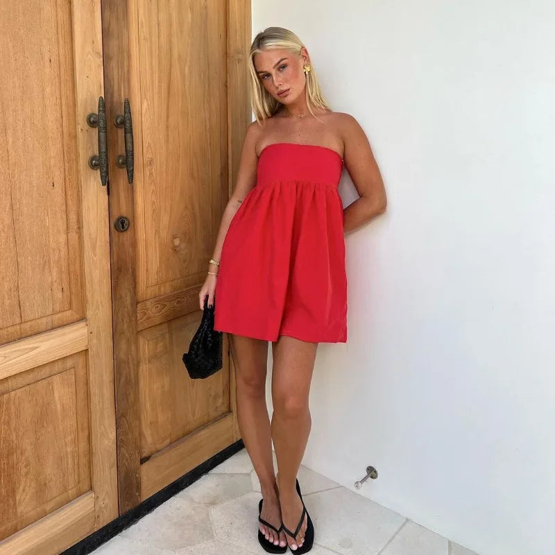Maxct Elegant Solid Strapless Dress Women's Sleeveless Beach Vacation Short Dress Splice Off Shoulder Loose High Waist Clothing
