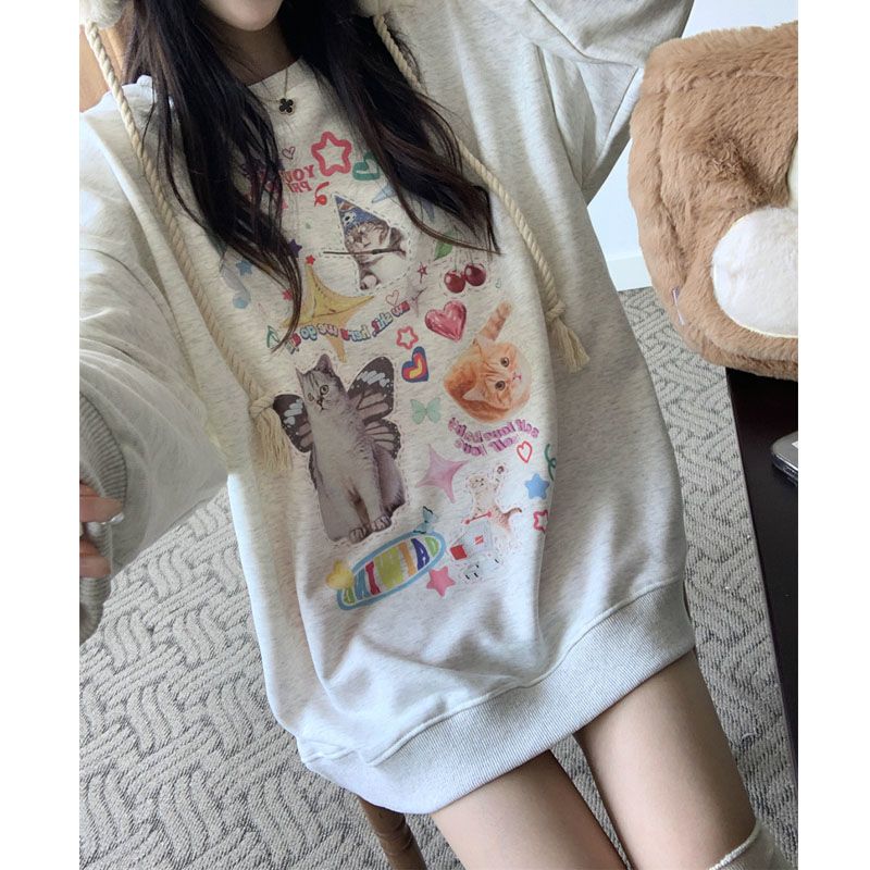 Kawaii Cat Print Hoodie Women Cutecore Long Sleeve Sweatshirt American Retro E-girl Kitten Angel Graphic Alt Clothes Y2k