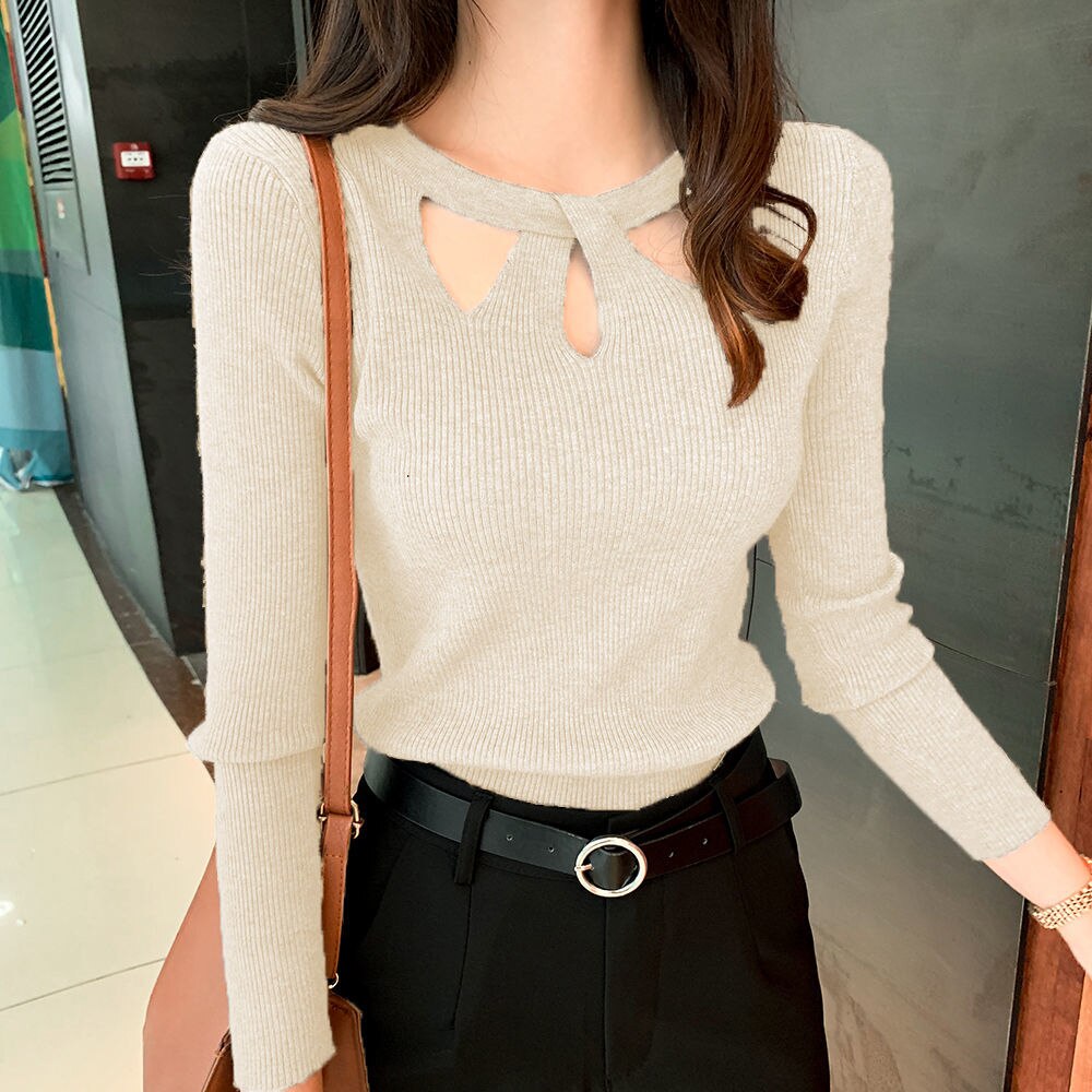 Maxct Winter Hollow Out Sexy Solid Sweater Ladies Elegant Fashion Slim Bottoming Knitting Pullover Tops Women Casual Jumper