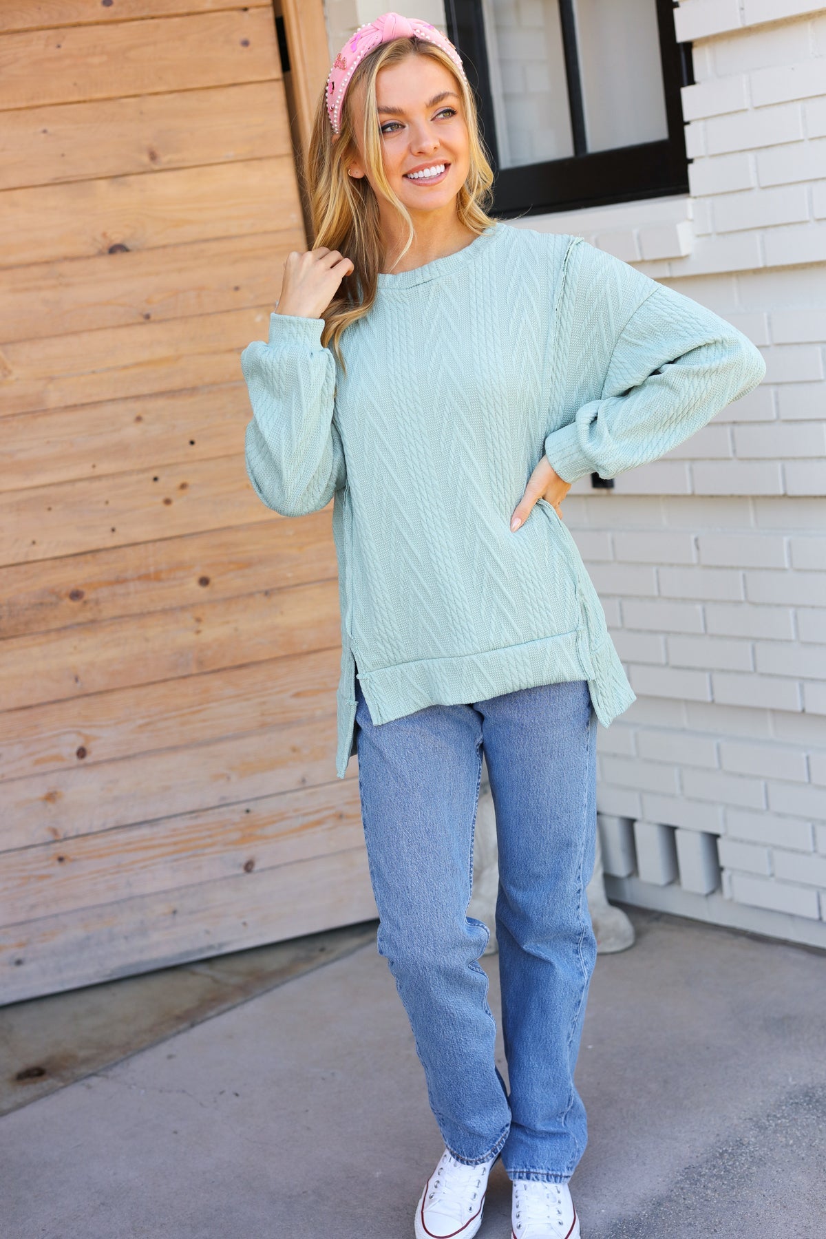 Maxct &Back to Basics Sage Jacquard Cable Pullover Top