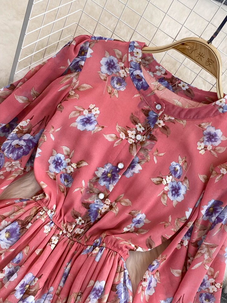 Vintage Floral Chiffon Long Dress Elegant O-Neck Puff Sleeve High Waist A-Line Ruffle Hem Vacation Beach Maxi Vestidos
