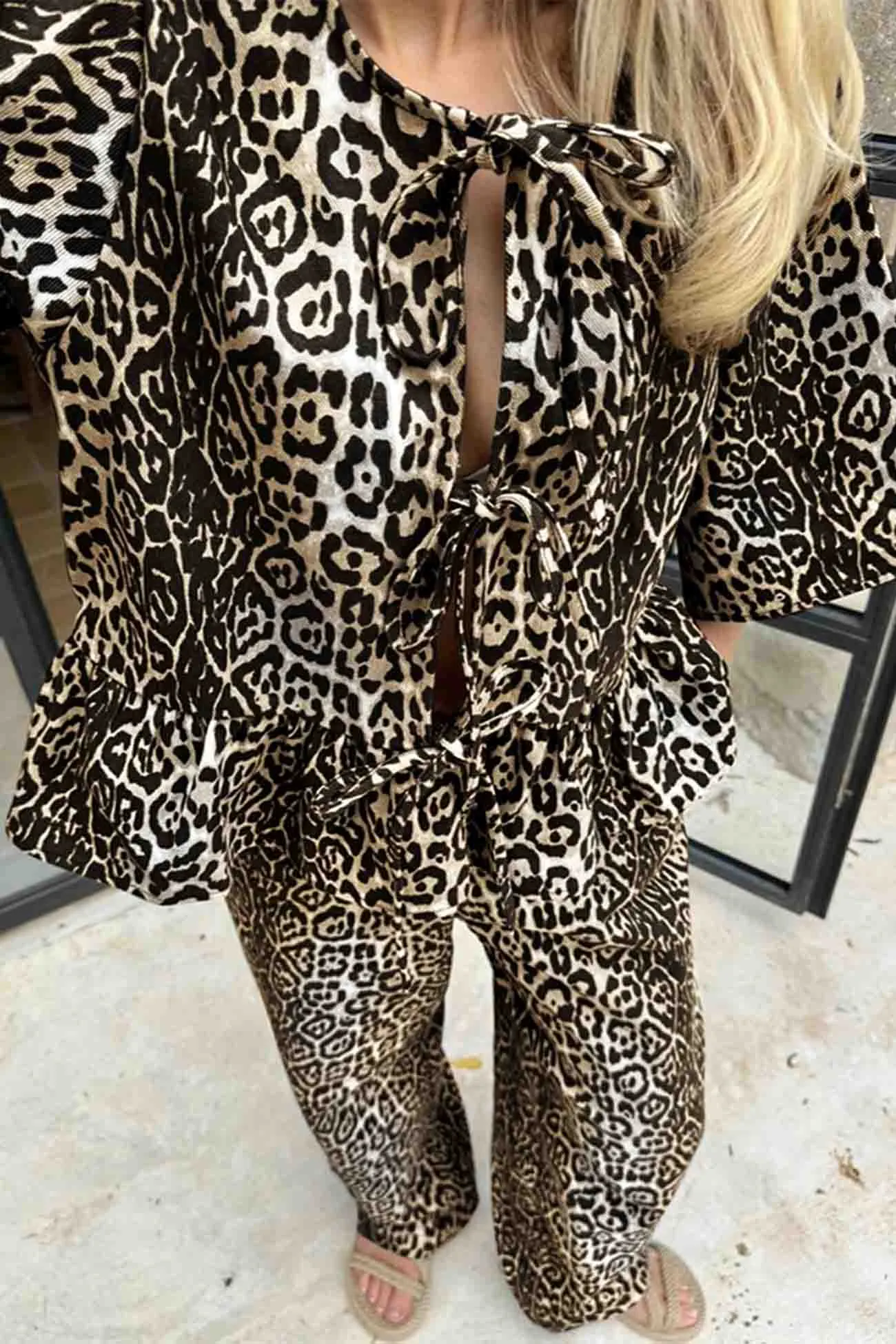 Maxct Leopard Printed Lace Up Long Pants Set