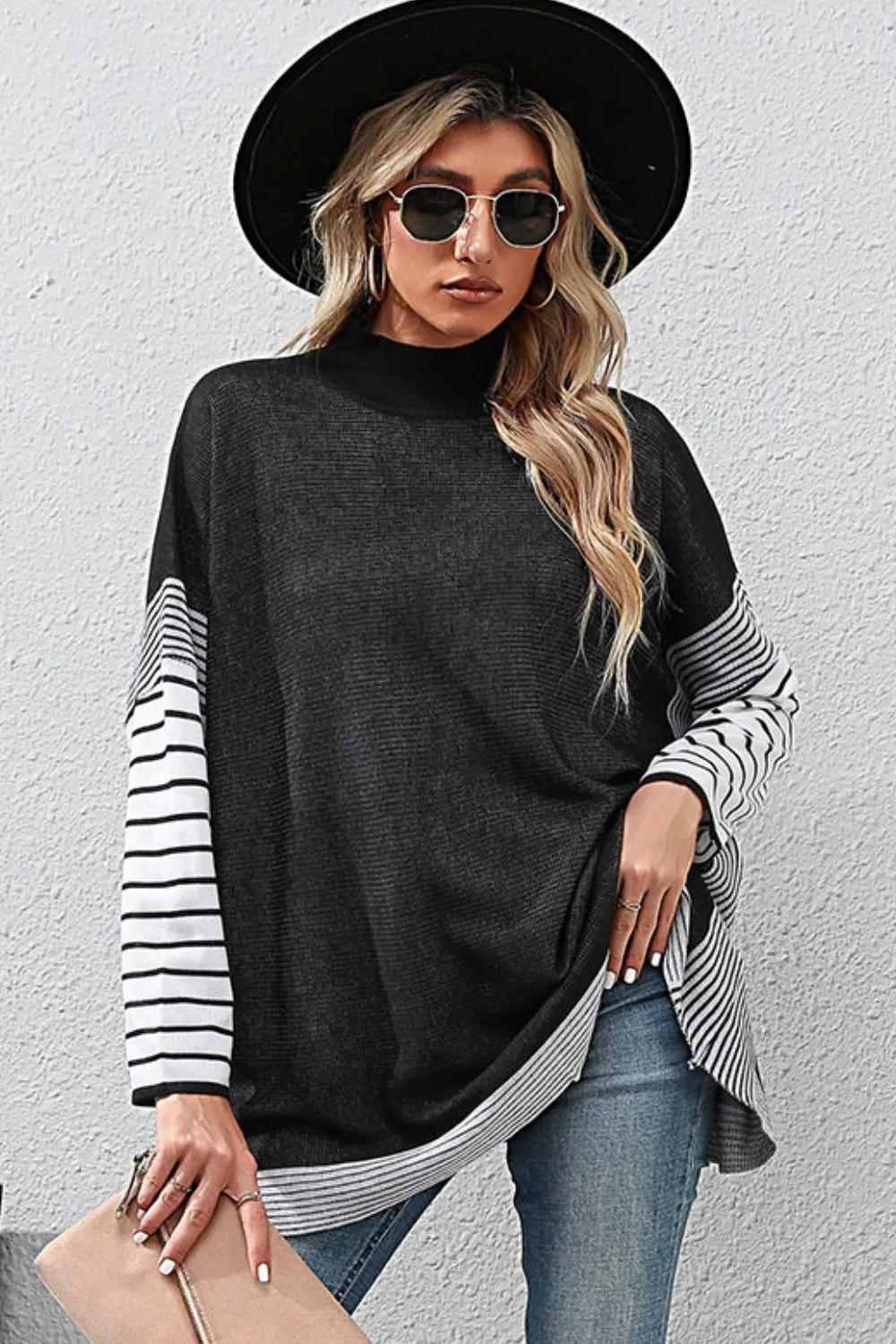 Maxct &Striped Dolman Sleeve Mock Neck Knit Pullover