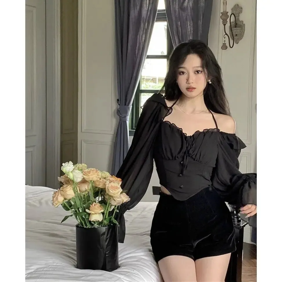 Maxct Shirts Blouses Spring Autumn Halter Off Shoulder Ruffles Patchwork Blusa Feminina Vintage Elegant Sexy Camisas De Mujer