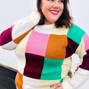 Maxct &Adorable Ivory & Camel Checker Jacquard Knit Sweater