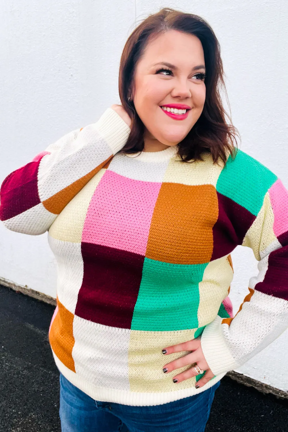 Maxct &Adorable Ivory & Camel Checker Jacquard Knit Sweater