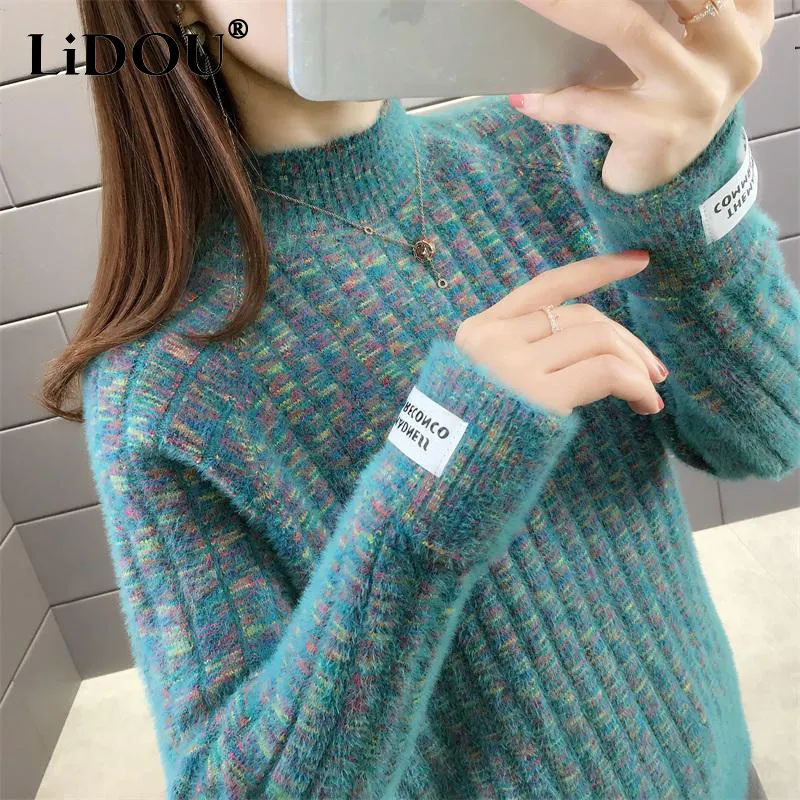 Maxct Winter Half High Collar Imitation Mink Velvet Sweater Female Loose Casual All-match Knitting Jumper Top Women Pullovers