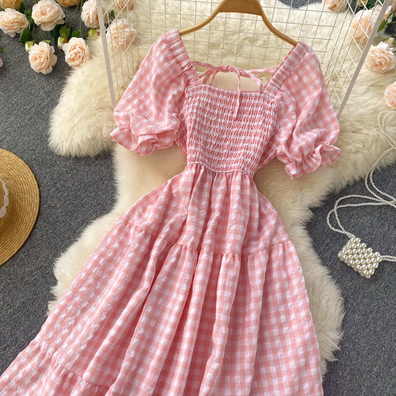 Puff Sleeve Gingham Tiered Dress Maxct