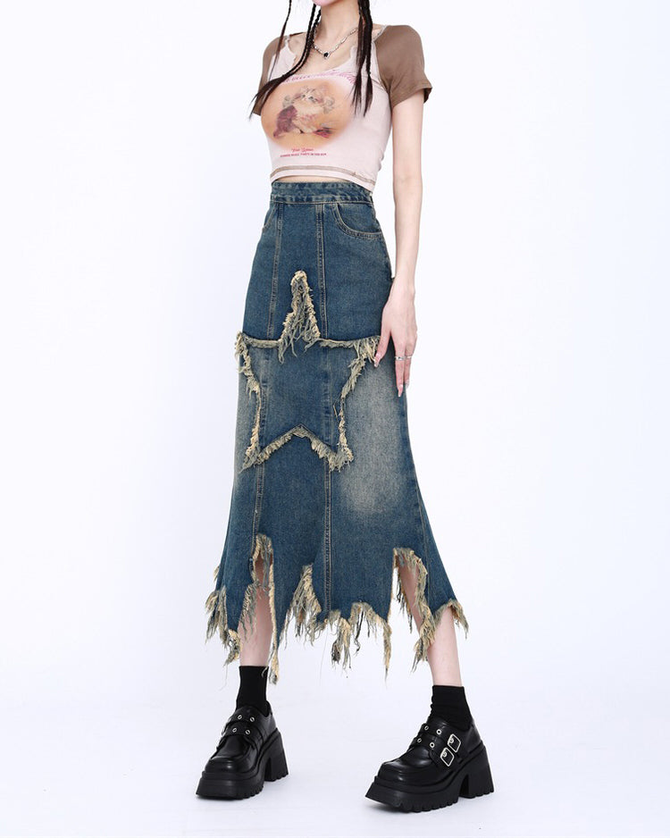 Aesthetic Star Long Denim Skirt Maxct