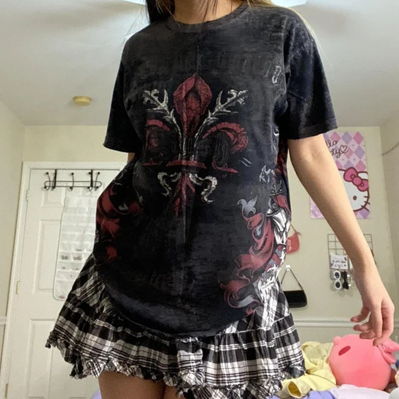 Maxct E Girl Graphic Short Sleeve Tops Gothic Skulls Print T Shirt Tees Harajuku Grunge Vintage Pullovers Y2K Retro Mall Goth Clothes
