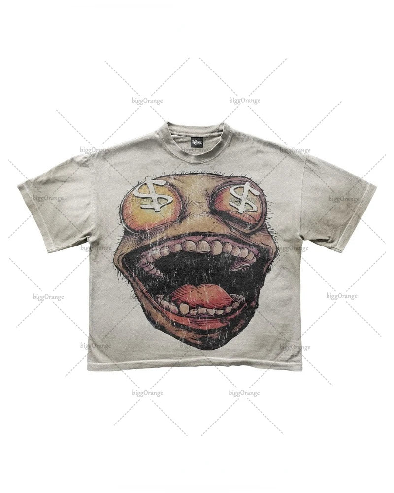 Maxct New Gothic American Retro Oversized T-shirt Men Y2k Cartoon Print Short-sleeved Men Spoof Punk Street Casual Loose Top Women