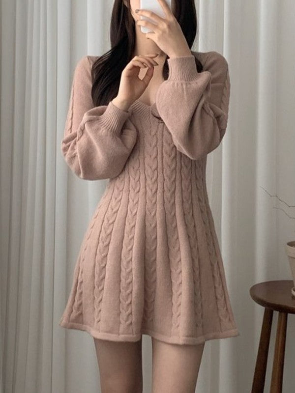 V Neck Cable Knit Long Sleeve Mini Dress Maxct
