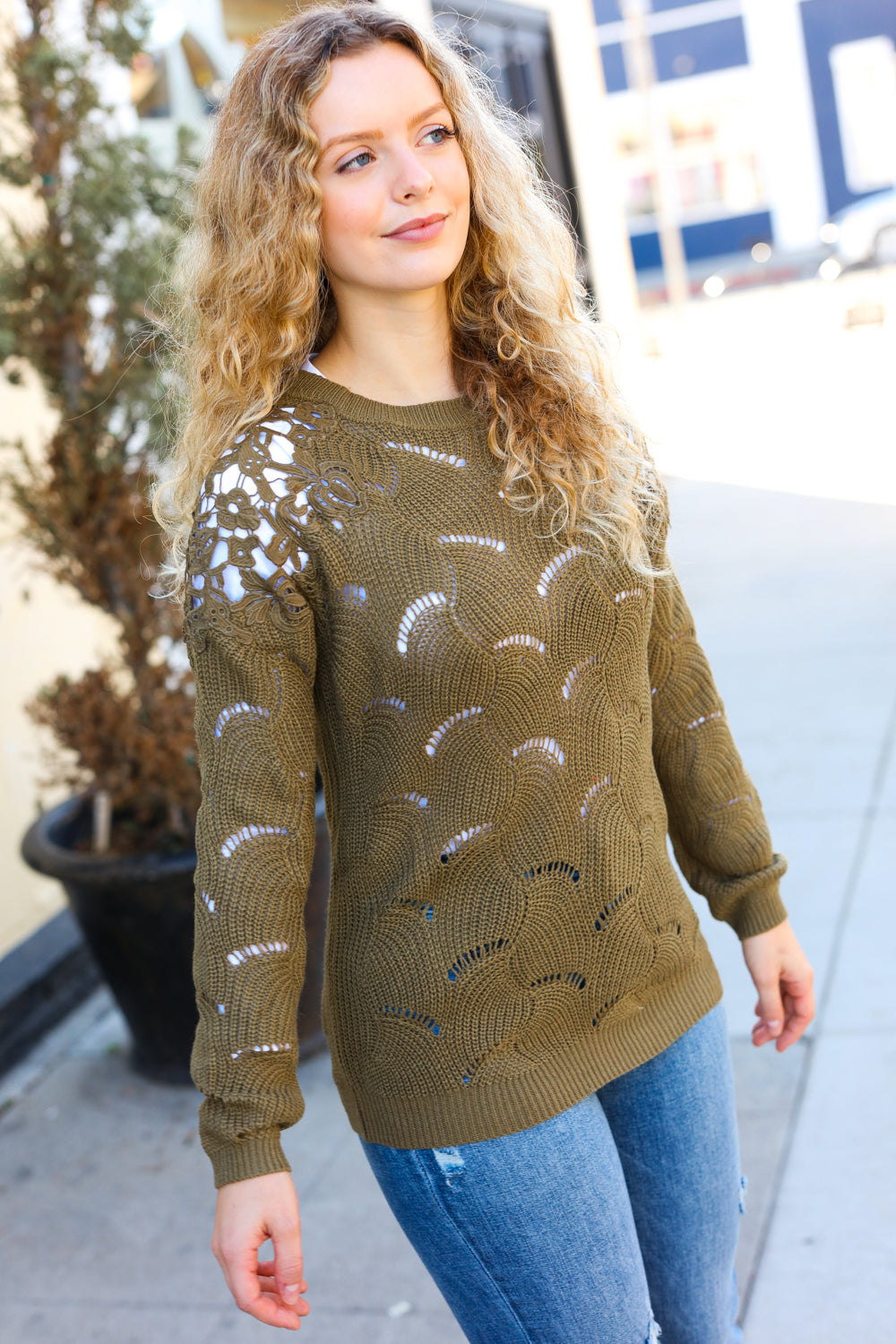 Maxct &Casual Chic Olive Pointelle Lace Shoulder Knit Sweater