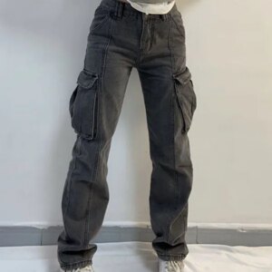 Washed Mid Waist Pocket Cargo Jeans Maxct