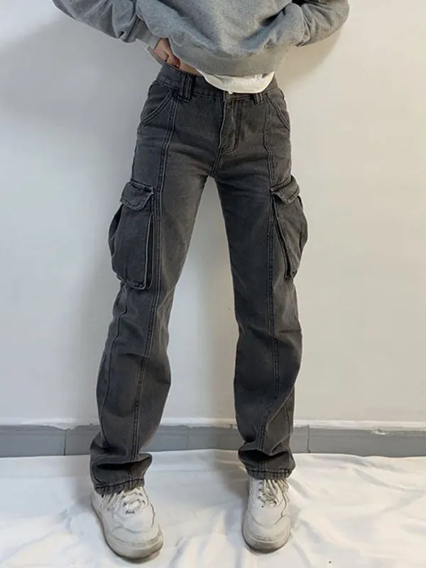 Washed Mid Waist Pocket Cargo Jeans Maxct