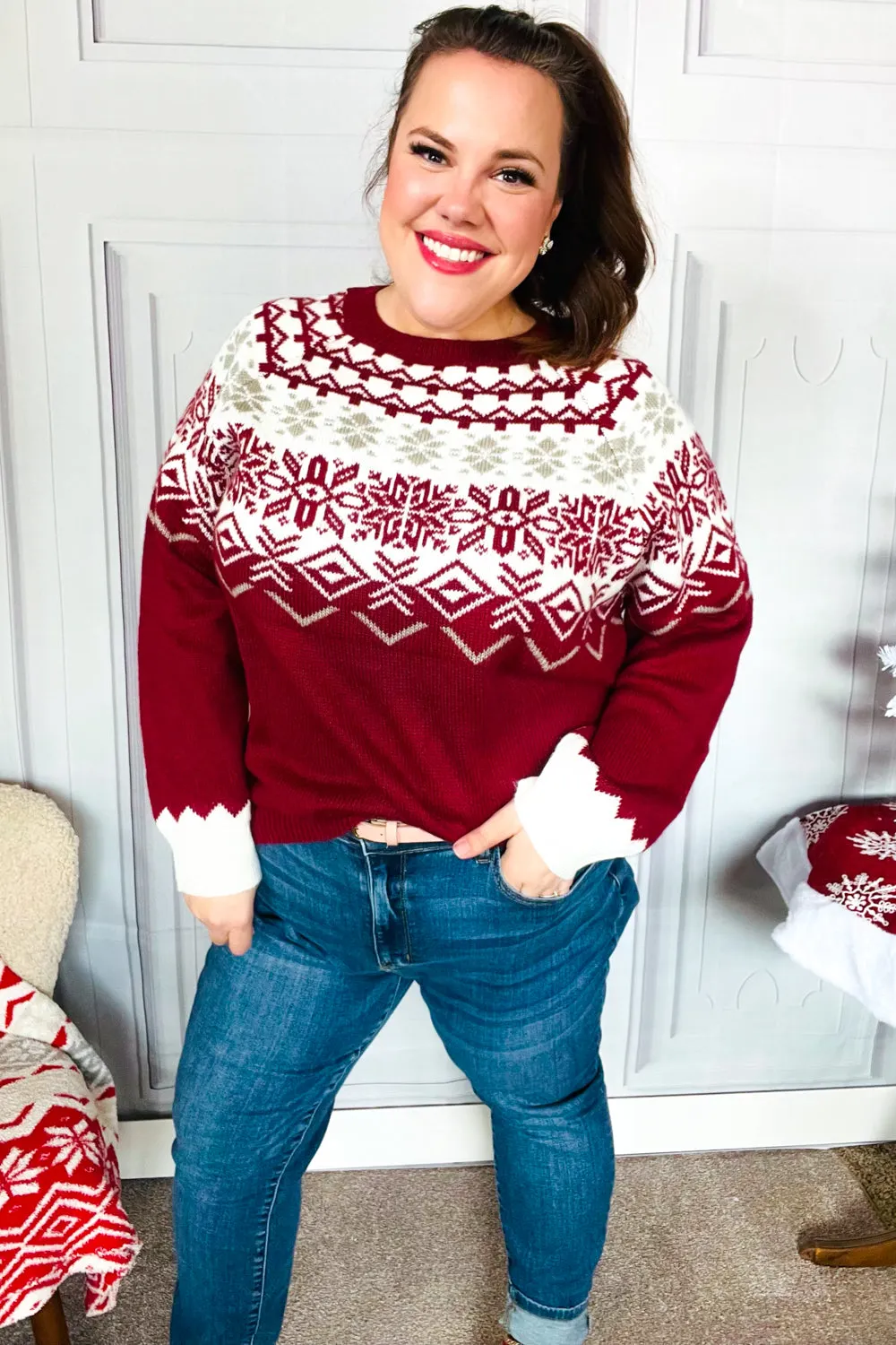 Maxct &Merry Christmas Merlot Snowflake Oversized Sweater Top