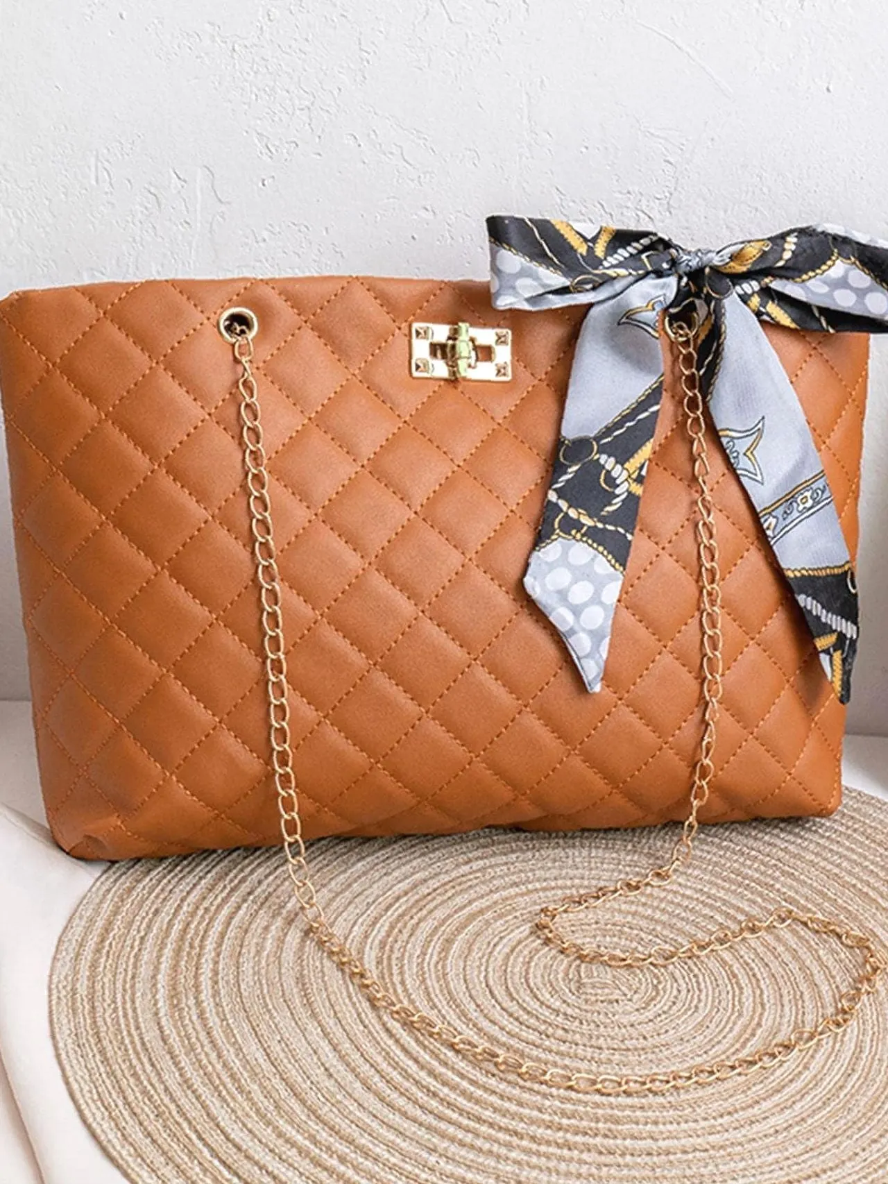 Maxct - Twilly Scarf Decor Quilted Shoulder Tote Bag  - Women Tote Bags