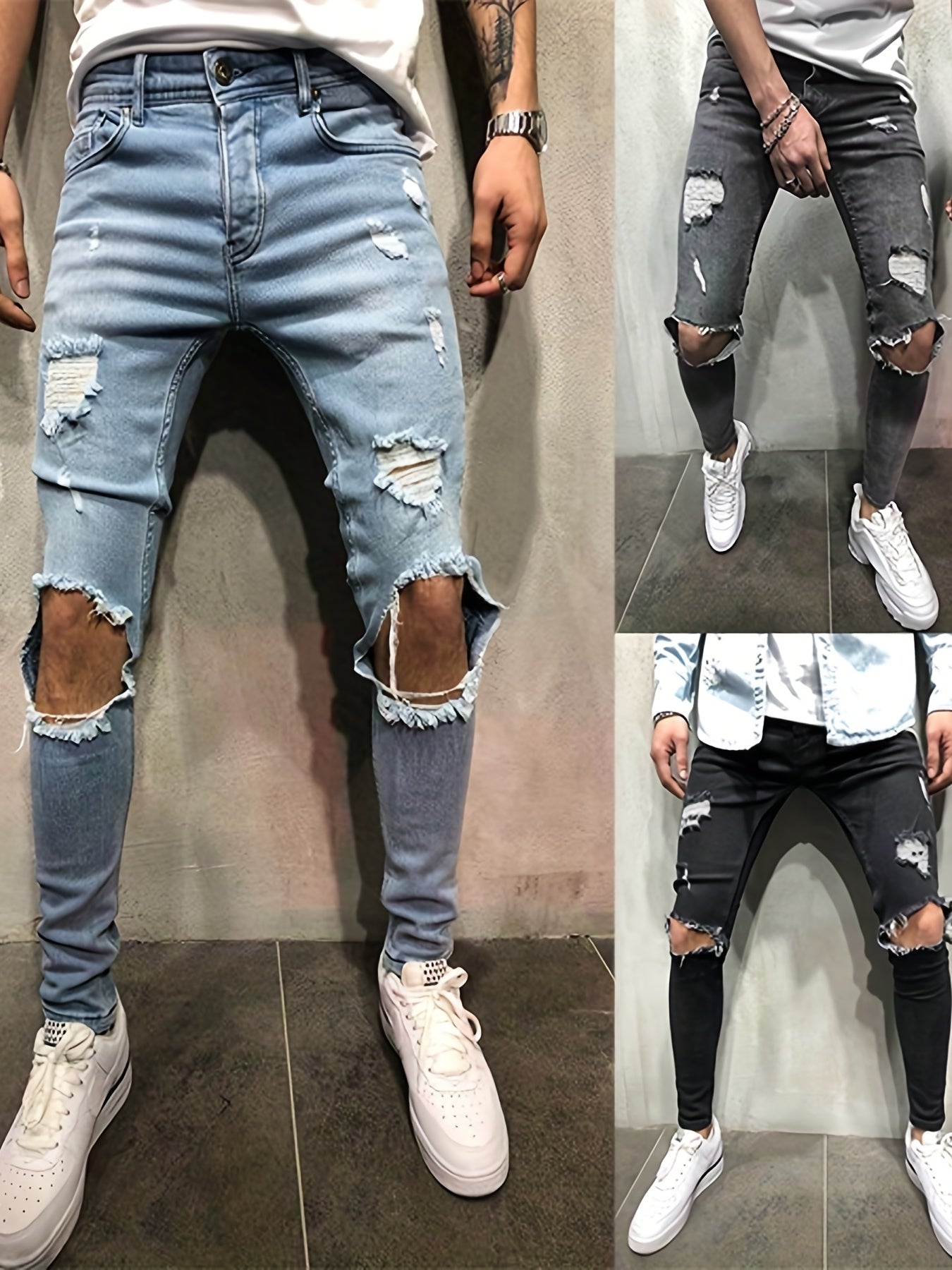 Maxct  Slim Fit Ripped Jeans, Men's Casual Street Style Distressed Mid Stretch Denim Pants For Spring Summer