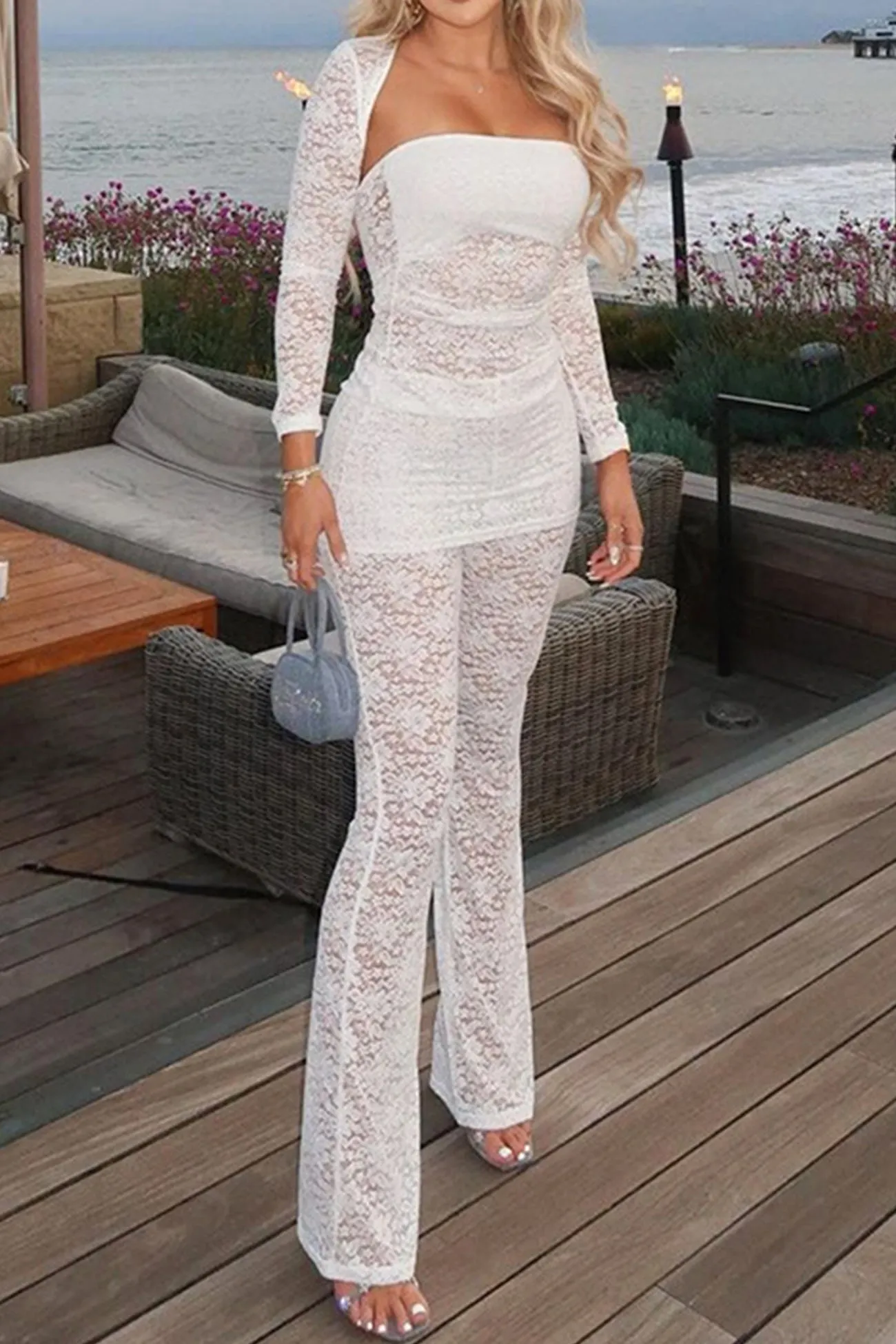 Maxct Lace Cover-up Strapless Long Pants Three-piece Outfit