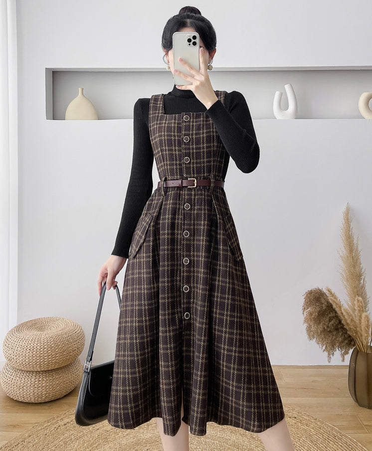 Button Up Plaid Pinafore Dress Maxct
