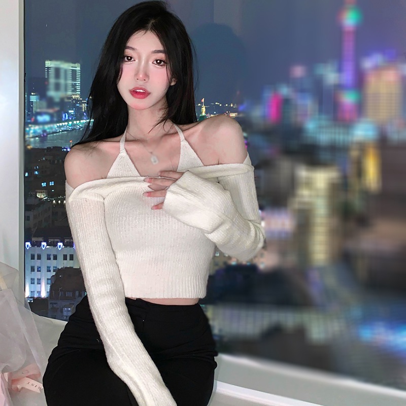 Maxct Women Solid Color Halterneck Camisole with Short Cardigan Knitting Shirt Pullover Crop Top 2 Pieces Set