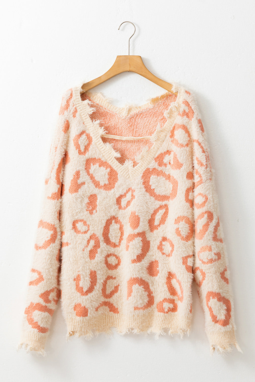 Maxct &Distressed Trim Leopard V-Neck Sweater