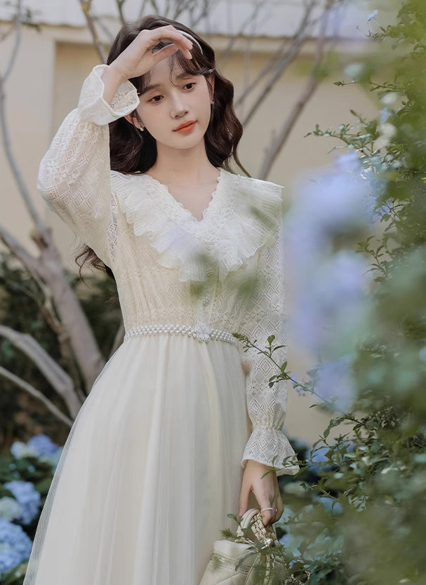 V-Neck Lace & Tulle Midi Dress Maxct