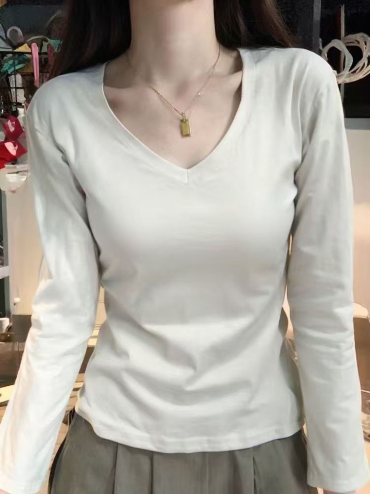 Maxct Shoulder T-Shirt Women's Spring and Autumn Outer Wearing Tight Waist Slim-Fit Pure Cotton Winter Inner Base Shirt New Long Sleeve Top