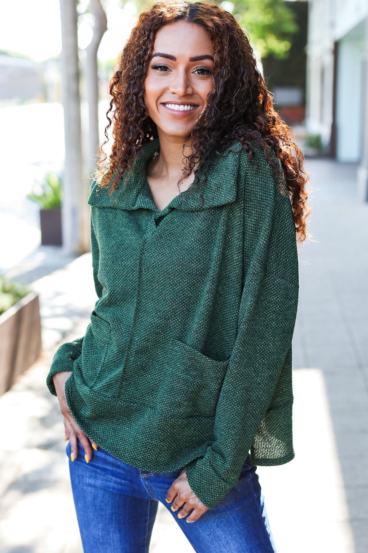 Maxct &Easy Living Olive Textured Knit Notch Neck Oversized Collar Sweater