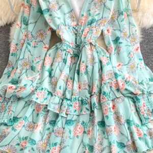 Maxct Women Green/Purple/Beige Floral Chiffon Dress Bohemian V-Neck Lantern Long Sleeve High Waist Ruffle Vestidos Female New