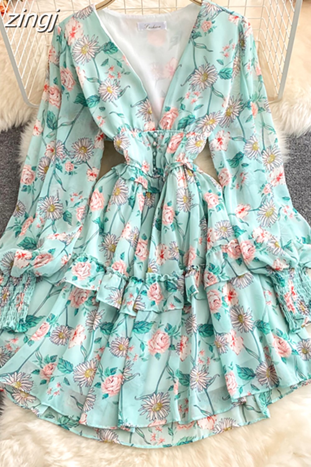 Maxct Women Green/Purple/Beige Floral Chiffon Dress Bohemian V-Neck Lantern Long Sleeve High Waist Ruffle Vestidos Female New