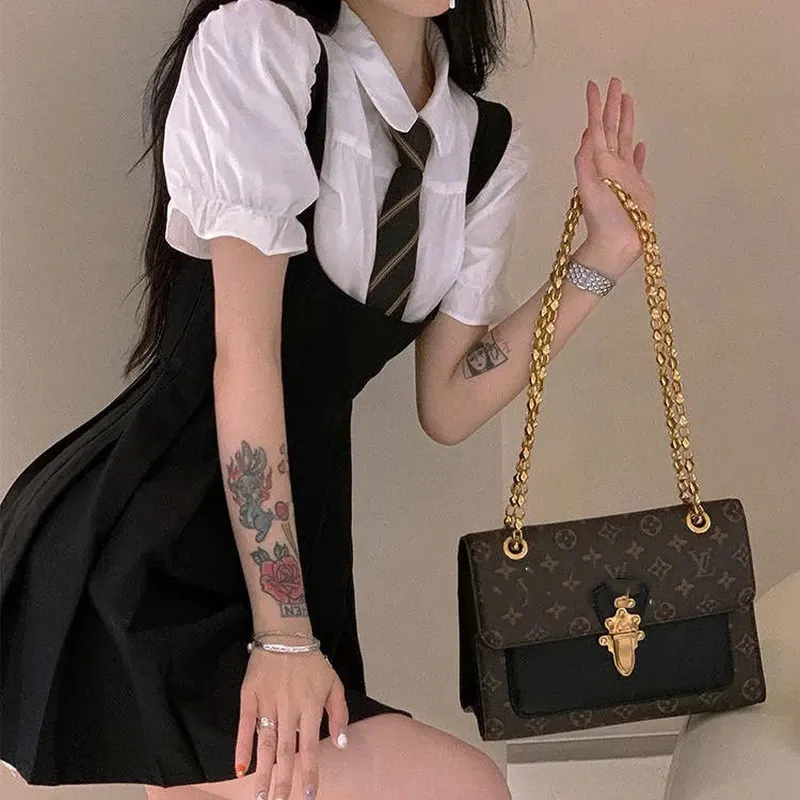 Maxct Women Dress Sets Preppy Style Slim High Street Girl Sweet Ins Puff Sleeve Shirts Pleated Dresses Student Harajuku Ulzzang JK Hot