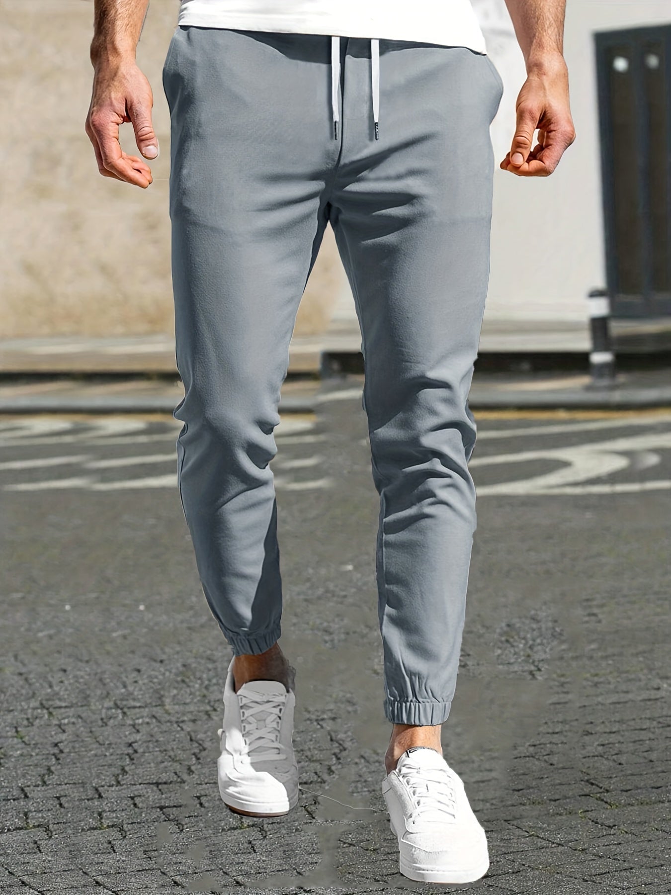 Maxct  Slim Pockets Classic  Trousers, Men's Casual Solid Color Lace-up Pants For Spring And Autumn